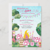 S'moreおもしろいキャンプファイア&トアドスツールガールズ誕生日 招待状 (正面)