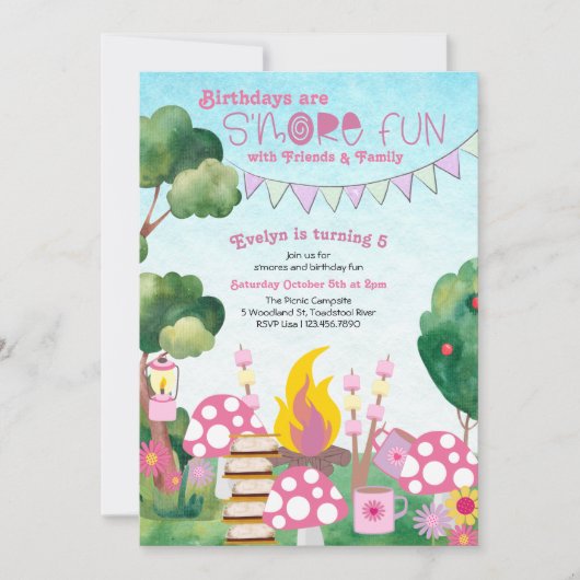 S'moreおもしろいキャンプファイア&トアドスツールガールズ誕生日 招待状 (正面)