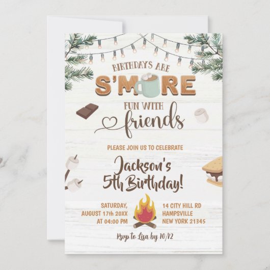 S'moreおもしろいwithフレンズキャンプ子供の誕生日 招待状 (正面)