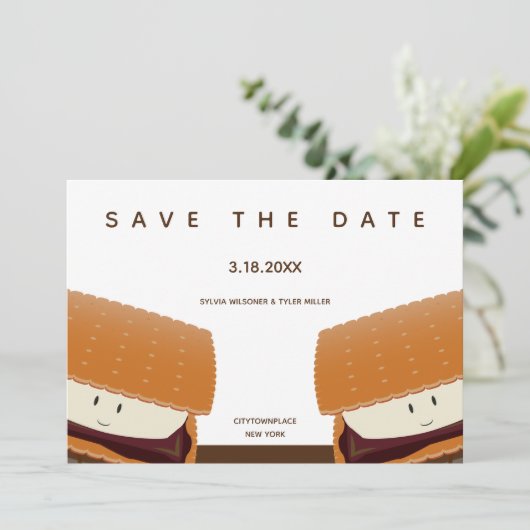 S'moreイラストレーションお洒落ズ結婚ホワイトブラウン セーブザデート (スタンド正面)