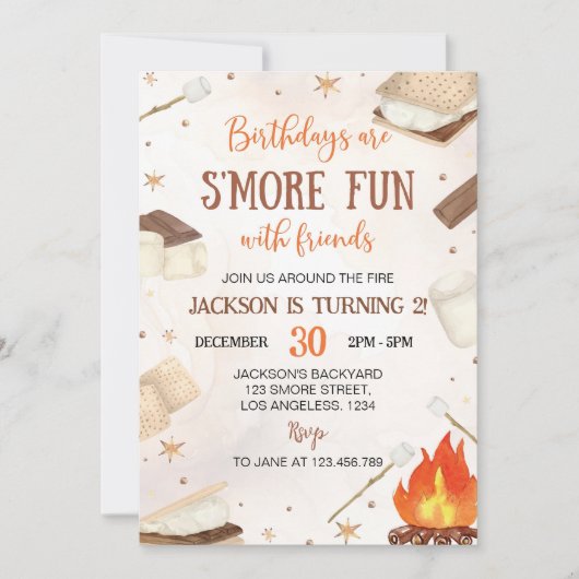 S'moreキャンプファイヤーズモアおもしろいフィレンズキャンプ誕生日 招待状 (正面)