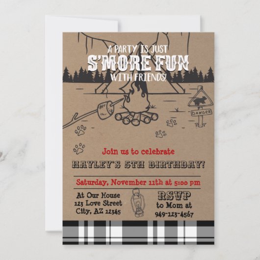 S'moreパーティーバッファローチェックプレイド誕生日 招待状 (正面)