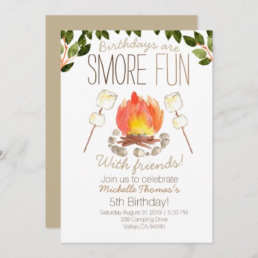 Smore campfire camping birthday招待状 招待状 (正面/裏面)