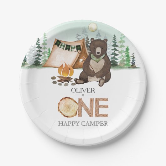 S'more Camping Bear ONE Happy Camper 1st Birthday ペーパープレート (正面)
