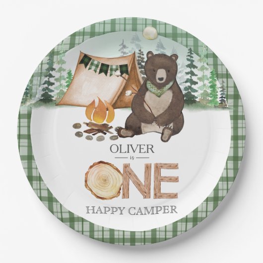S'more Camping Bear ONE Happy Camper 1st Birthday ペーパープレート (正面)