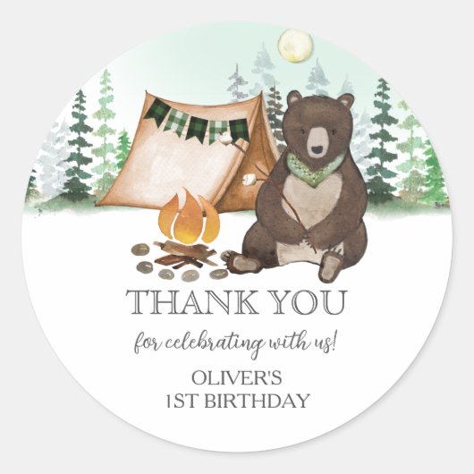 S'more Camping Bear ONE Happy Camper 1st Birthday ラウンドシール (正面)