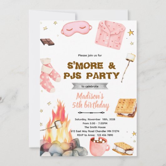 S'more pajamas party theme invitation 招待状 (正面)
