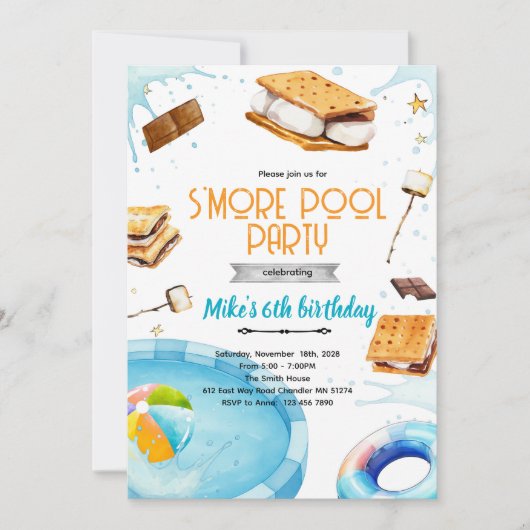 S'more pool birthday party invitation 招待状 (正面)
