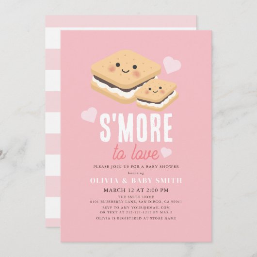 S'more to Loveかわいいピンクガール赤ちゃんシャワー 招待状 (正面/裏面)