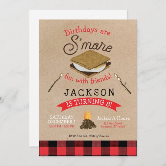 S'moresおもしろいwithフレンズフランネル誕生日 招待状 (正面/裏面)