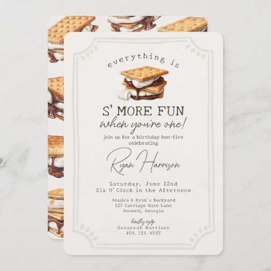 s'mores秋ボンファイアアウトドアファースト誕生日 招待状 (正面/裏面)