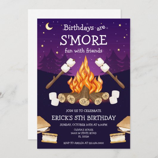 S'mores Birthday Party S'mores Camping Birthday 招待状 (正面/裏面)
