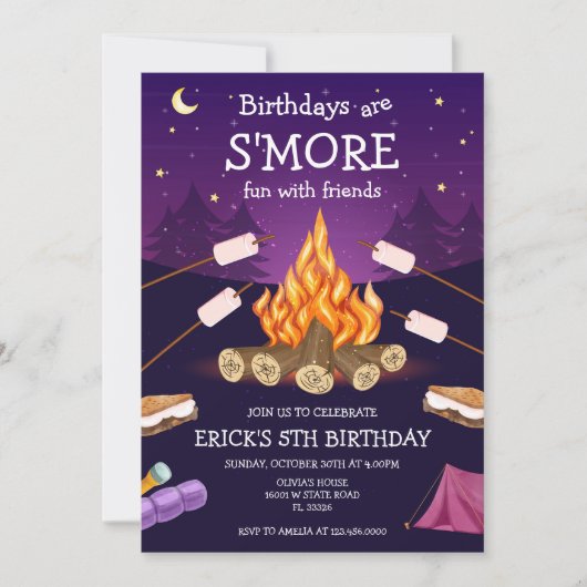 S'mores Birthday Party S'mores Camping Birthday 招待状 (正面)