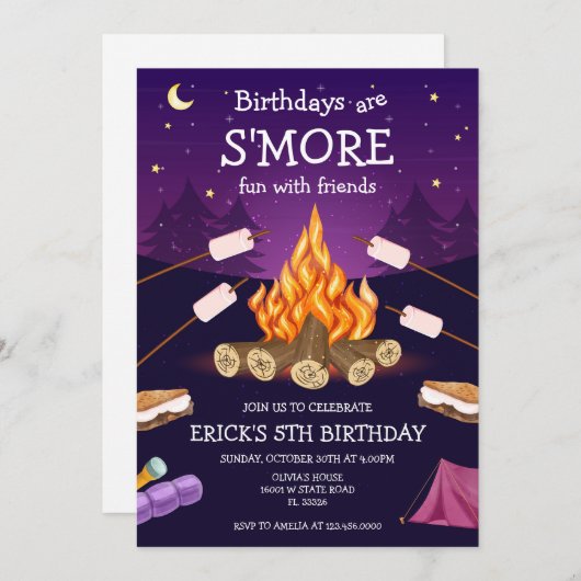 S'mores Birthday Party S'mores Camping Birthday 招待状 (正面/裏面)