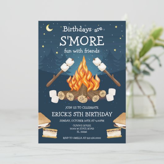 S'mores Birthday Party S'mores Camping Birthday 招待状 (スタンド正面)
