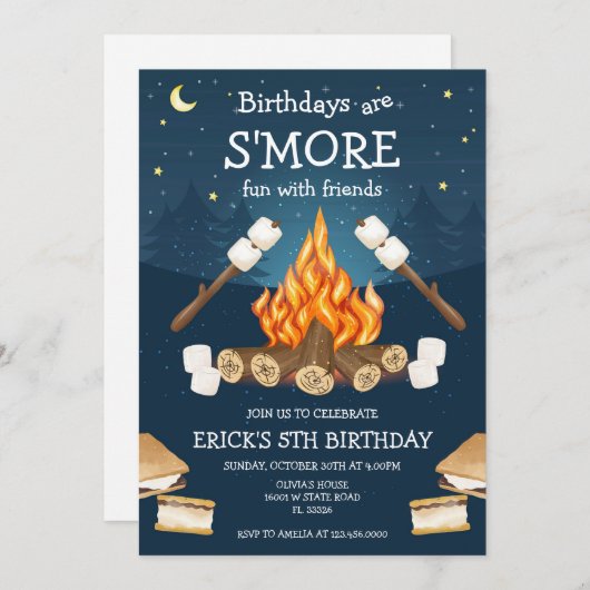 S'mores Birthday Party S'mores Camping Birthday 招待状 (正面/裏面)