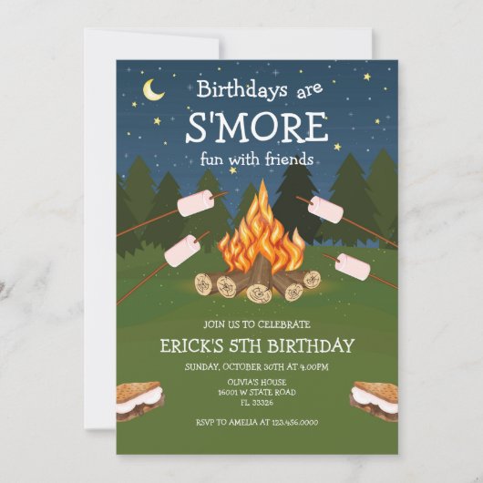 S'mores Birthday Party S'mores Camping Birthday 招待状 (正面)