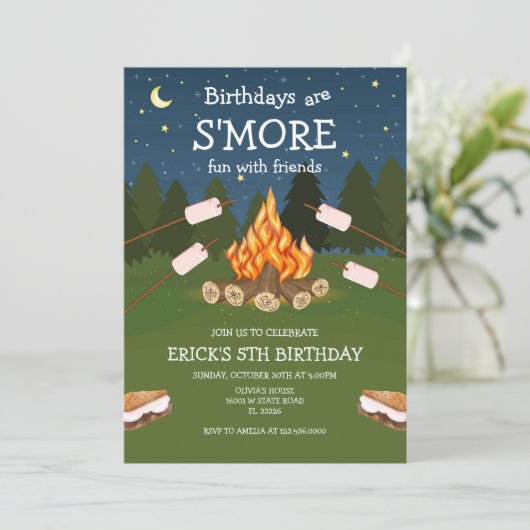S'mores Birthday Party S'mores Camping Birthday 招待状 (スタンド正面)