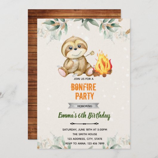 S'mores Sloth Sleepover Einladung 招待状 (正面/裏面)