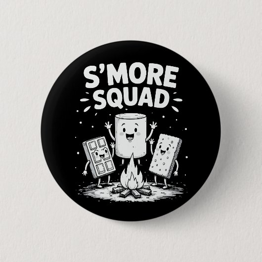 S'mores Squad Camping Campfire Cute Marshmallow 缶バッジ (正面)