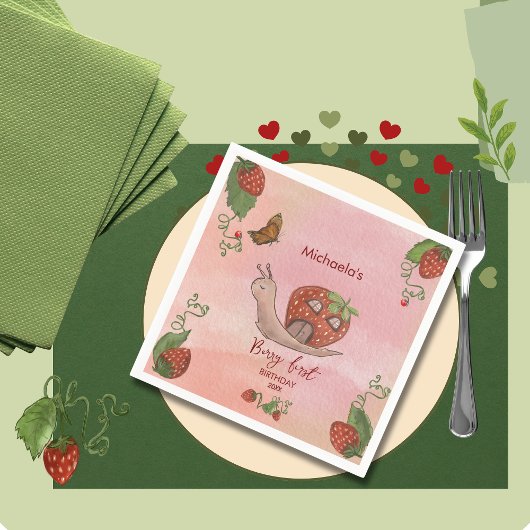 Snail & Strawberry 'Berry First' Party Napkins スタンダードカクテルナプキン