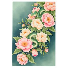 Snake and Peonies Floral Arrangement メタルプリント