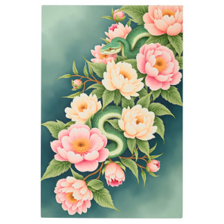 Snake and Peonies Floral Arrangement メタルプリント
