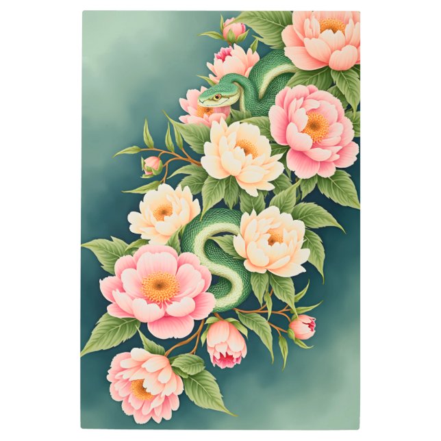 Snake and Peonies Floral Arrangement メタルプリント (正面)