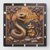 Snake Rat Friendship Wood スクエア壁時計 (正面)