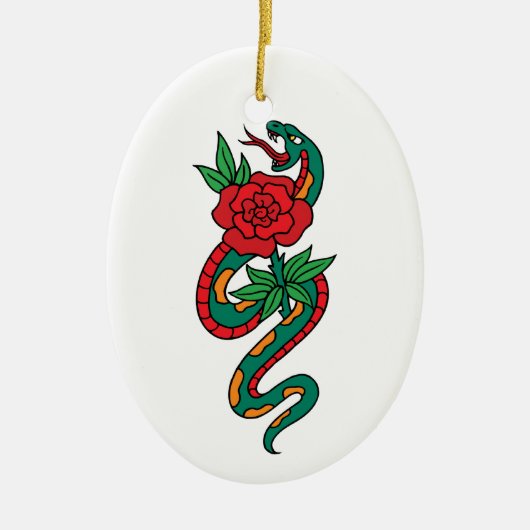 Snake Wrapped Around a Red Rose Tattoo Art セラミックオーナメント (正面)
