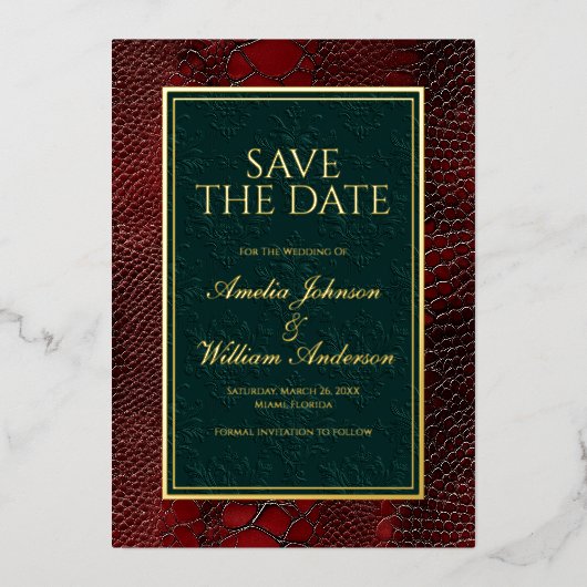 Snakeskinレザービクトリアンレッド日付を保存 箔招待状 (正面)