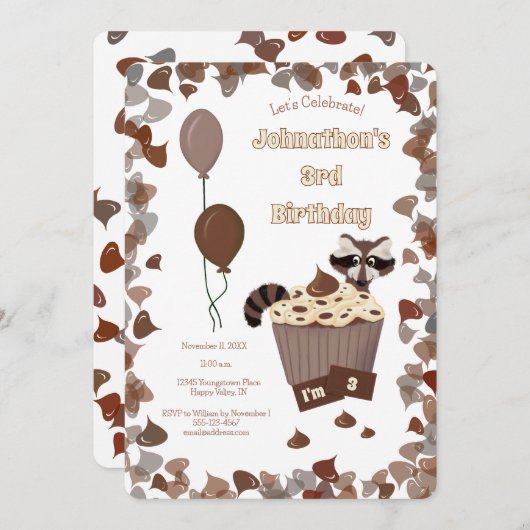 Sneaky Raccoon & Chocolate Cupcake Birthday 招待状 (正面/裏面)