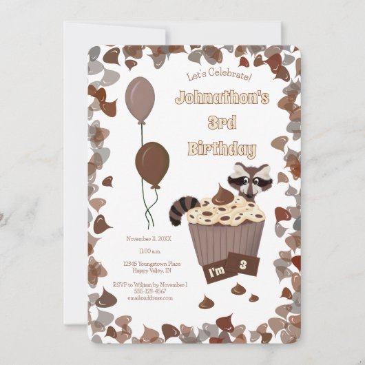 Sneaky Raccoon & Chocolate Cupcake Birthday 招待状 (正面)