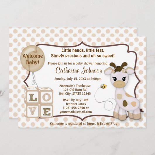 Snickerdoodleのキリンのベビーシャワー招待状 招待状 (正面/裏面)