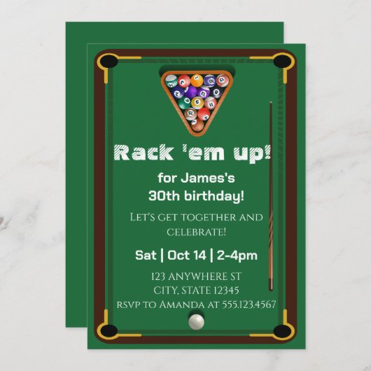 Snooker Pool Billiards 30th Birthday Party 招待状 (正面/裏面)