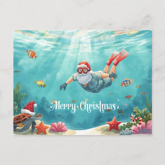 Snorkeling Santa Underwater Christmas Holiday Card シーズンポストカード (正面)