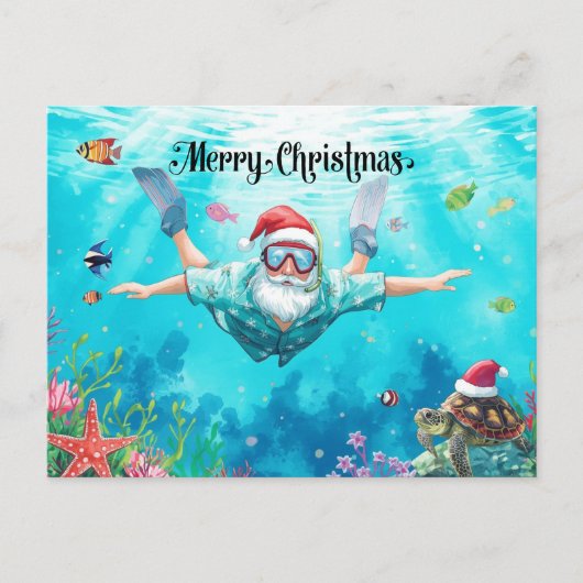 Snorkeling Santa Underwater Christmas Holiday Card シーズンポストカード (正面)
