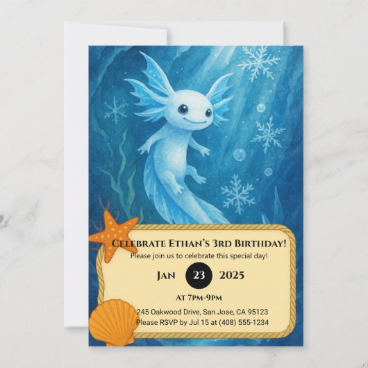 Snow Axolotl in Ice Kingdom Birthday 招待状 (正面)