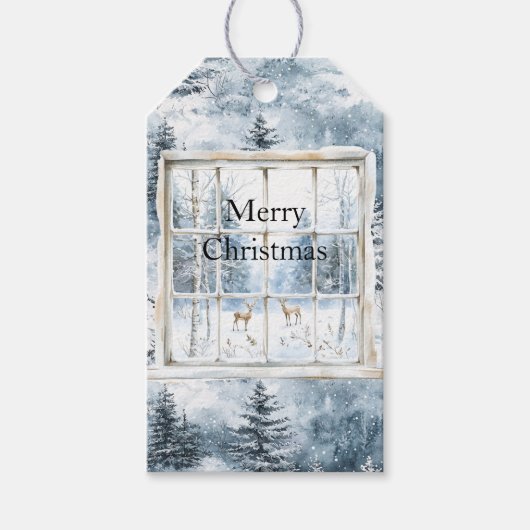 Snow Blue Christmas Trees Deer Window ギフトタグ (正面)