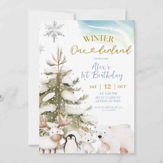 Snow Boy Winter Arctic Animal First Birthday 招待状 (正面)