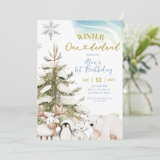 Snow Boy Winter Arctic Animal First Birthday 招待状 (スタンド正面)