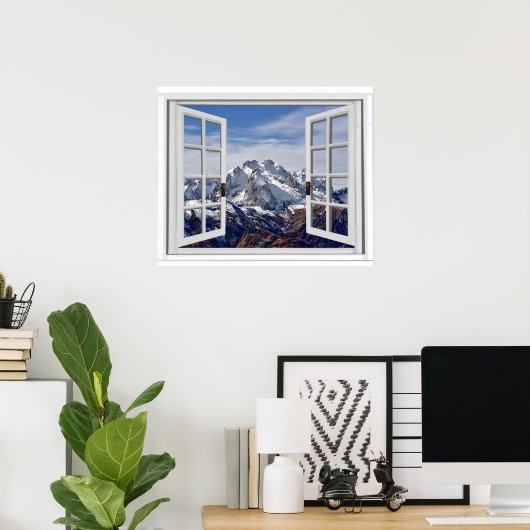 Snow Capped Mountain Peaks Fake Window ポスター (ホームオフィス)