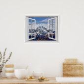 Snow Capped Mountain Peaks Fake Window ポスター (キッチン)
