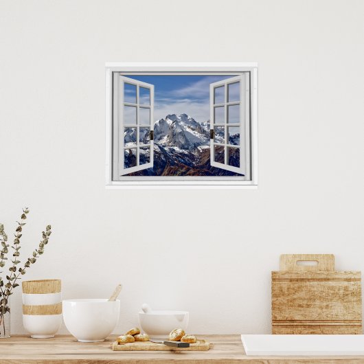 Snow Capped Mountain Peaks Fake Window ポスター (キッチン)