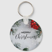 Snow-Covered Pine, Holly Berries, Non Photo キーホルダー (正面)