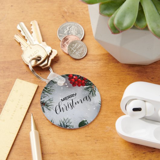 Snow-Covered Pine, Holly Berries, Non Photo キーホルダー (デスク)