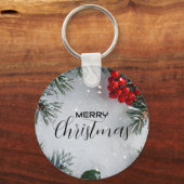 Snow-Covered Pine, Holly Berries, Non Photo キーホルダー (正面)