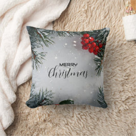 Snow-Covered Pine, Holly Berries, Non Photo クッション