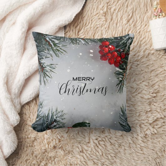 Snow-Covered Pine, Holly Berries, Non Photo クッション (ブランケット)