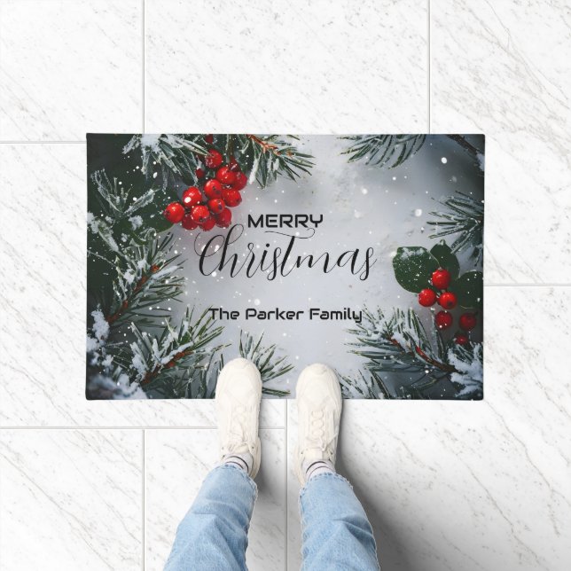 Snow-Covered Pine, Holly Berries, Non Photo ドアマット (室内)